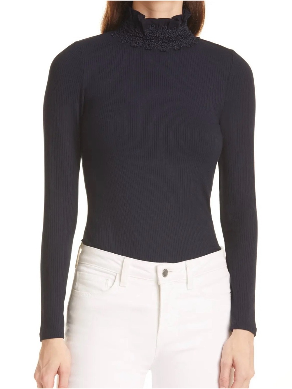 Ted Baker London Wilaart Ruffle Collar Rib Top Navy Small